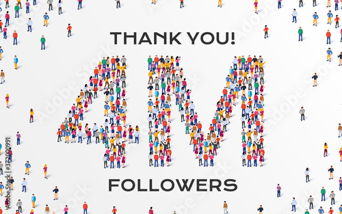 4M Followers. Group of business people are gathered together in the shape of four million sign, for web page, banner, presentation, social media, Crowd of little people. Teamwork. Vector illustration