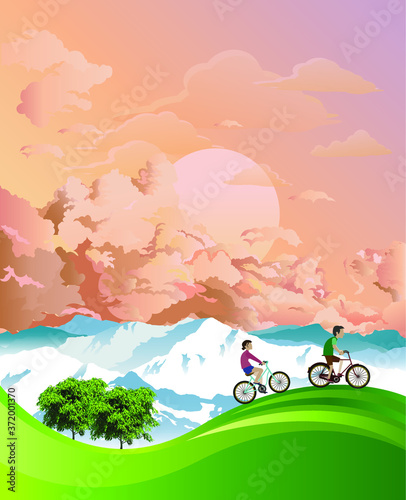 Couple on a summer mountainous Alpine cycling vacation set against a dawn or dusk sky