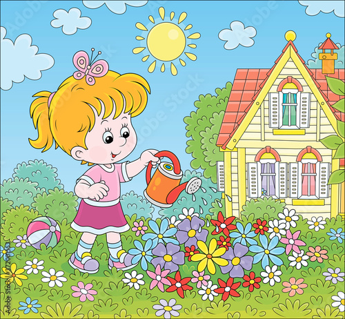Smiling little girl watering colorful flowers on a flowerbed on a green lawn in front of her house on a sunny summer day, vector cartoon illustration