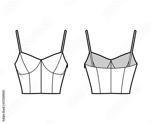 Cropped top technical fashion illustration with sweetheart neck, straps, slim fit, waist length. Flat outwear tank apparel template front, back, white color. Women men unisex shirt camisole CAD mockup