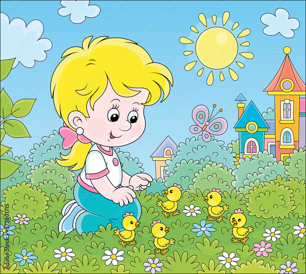 Little girl playing with small yellow chicks among flowers on green grass on a sunny summer day, vector cartoon illustration Little girl playing with small yellow chicks among flowers on green grass on a sunny summer day, vector cartoon illustration