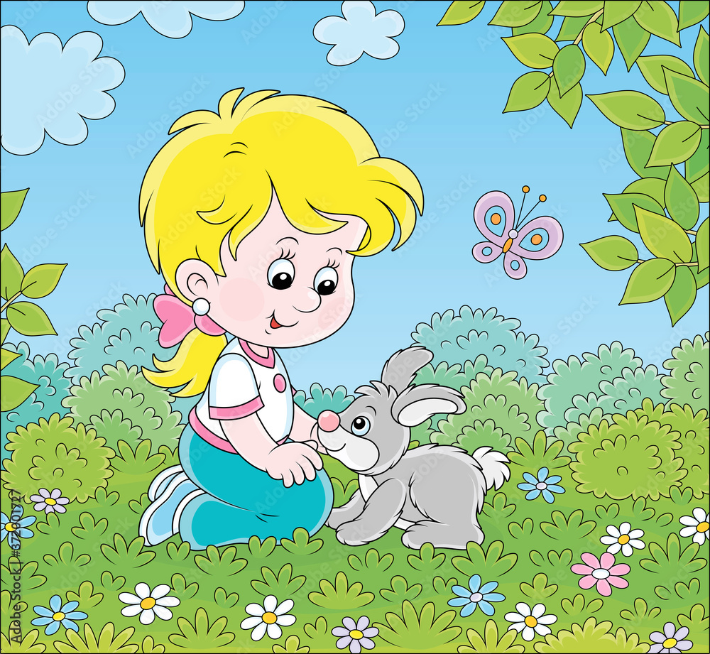 Smiling little girl playing with her small grey bunny among flowers on green grass on a summer day, vector cartoon illustration Smiling little girl playing with her small grey bunny among flowers on green grass on a summer day, vector cartoon illustration