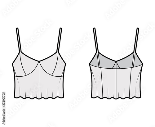 Cropped top technical fashion illustration with sweetheart neck, straps, flare hem, waist length. Flat outwear tank apparel template front, back grey color. Women, men unisex shirt camisole CAD mockup