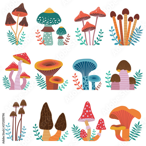 Cartoon Forest Mushrooms Hand Drawn Icons Set