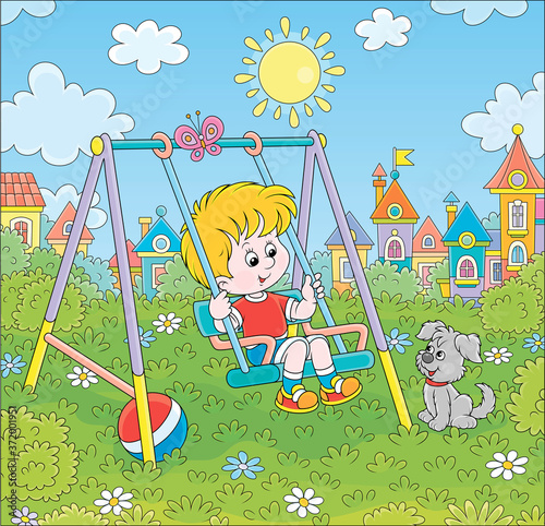 Smiling little boy on a toy swing on a playground in a park of a town on a sunny summer day, vector cartoon illustration