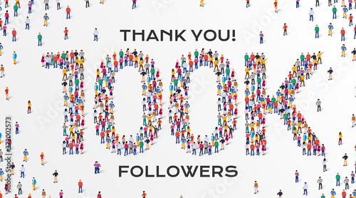 100K Followers. Group of business people are gathered together in the shape of 100000 word, for web page, banner, presentation, social media, Crowd of little people. Teamwork. Vector illustration