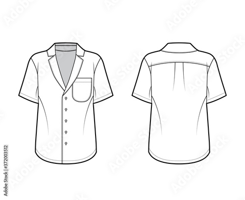 Shirt technical fashion illustration with loose silhouette, pointed notch collar, front button fastenings, rounded pocket, short sleeves. Flat apparel template front back white color. Women men unisex