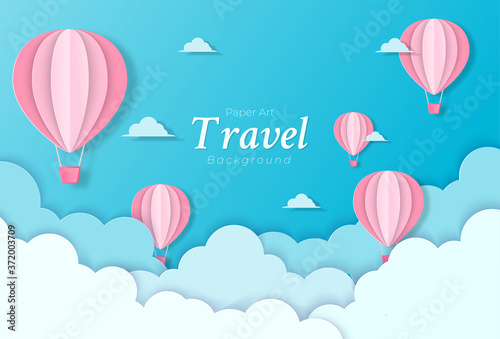 Ballon and Cloud in the blue sky with paper art design , vector design element and illustration photo