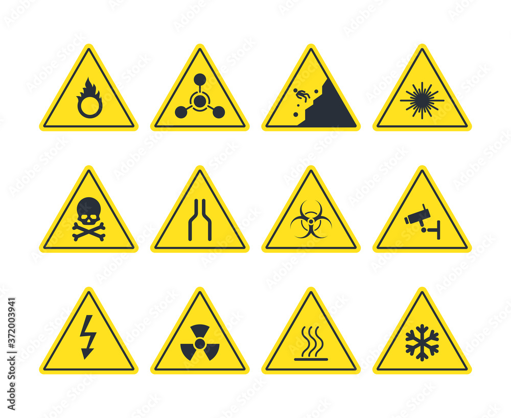 Road signs set. Yellow warning symbols danger of loose soil radioactive alarm lethal electrical voltage ice deposit ahead biological hazard strong ultraviolet radiation. Vector attention. Road signs set. Yellow warning symbols danger of loose soil radioactive alarm lethal electrical voltage ice deposit ahead biological hazard strong ultraviolet radiation. Vector attention.