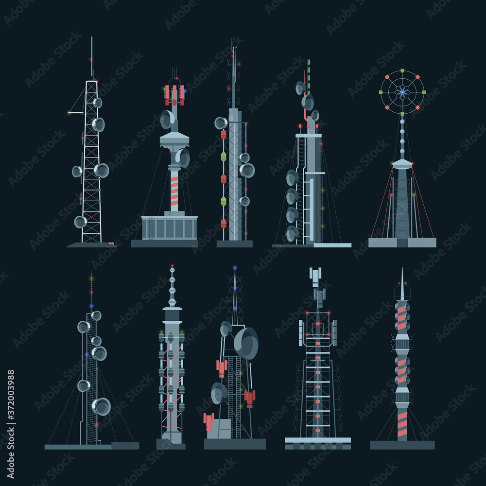 Communication towers cellular set. Amplifiers with towers on dark background wireless telephony internet connections equipment for broadcasting various frequencies global digital cell. Flat vector. Communication towers cellular set. Amplifiers with towers on dark background wireless telephony internet connections equipment for broadcasting various frequencies global digital cell. Flat vector.