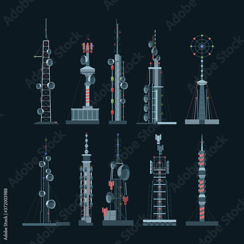 Communication towers cellular set. Amplifiers with towers on dark background wireless telephony internet connections equipment for broadcasting various frequencies global digital cell. Flat vector.