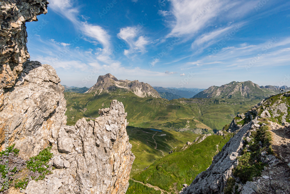 Fototapeta premium Climbing the Karhorn Via Ferrata near Warth Schrocken in the Lechquellen Mountains