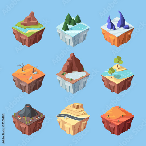 Game landscapes isometric island set. Fantasy blue stalactites on snow icy lake green pine trees red desert with cacti volcano with village house mountain highway on rocky terrain. Vector cartoon.