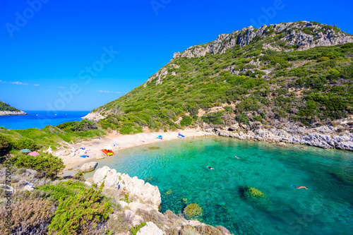 Porto Timoni beach at Afionas - -paradise and white double beach with crystal clear azure water in Corfu, Twin bay, Ionian island, Greece - Europe