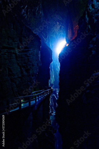 Colorful lights and beautiful the JiuXiang cave scene photo