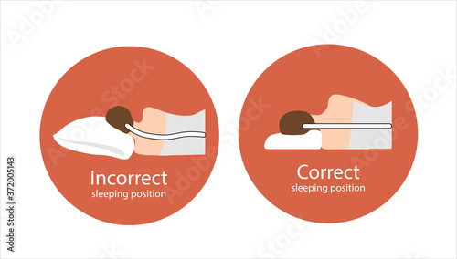 The correct position of the spine line on the orthopedic pillow when sleeping. Incorrect position of the spine on the pillow. Care for the health of the back and neck. Vector illustration