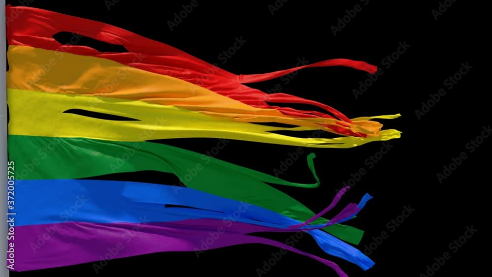 Realistic flag of LGBT pride waving in the wind, destroyed, torn material is proudly flying on the mast. The animation includes an alpha channel for easy background replacement