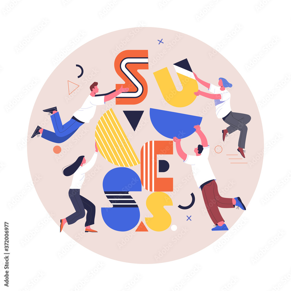 Teamwork concept. Contemporary flat style vector illustration of people with abstract letters making word 