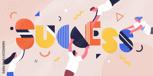 Teamwork concept. Contemporary flat style vector illustration of people with abstract letters making word "success". Isolated on background