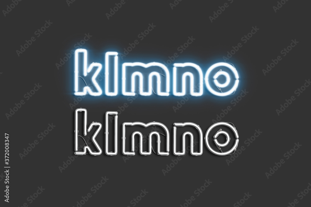 Decorative k l m n o letters, neon font mockup