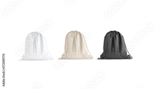 Blank black, white, canvas drawstring backpack mockup set, front view photo