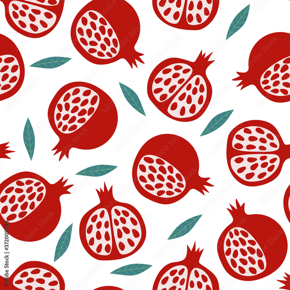 Seamless vector pattern with pomegranates and leaves on a white background. Natural seamless texture. A Scandinavian-style pattern. For wallpaper, textile, fabric, paper. Seamless vector pattern with pomegranates and leaves on a white background. Natural seamless texture. A Scandinavian-style pattern. For wallpaper, textile, fabric, paper.