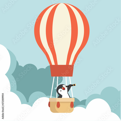 panguin using a telescope with hot air balloon