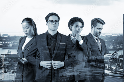 Group of four business colleagues in suits working and dreaming about new career opportunities after MBA graduation. Concept of multinational corporate team. Singapore on background. Double exposure.