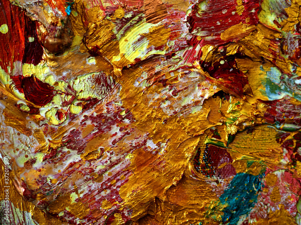 Colorful gold oil painting brushstroke on canvas abstract background with texture.