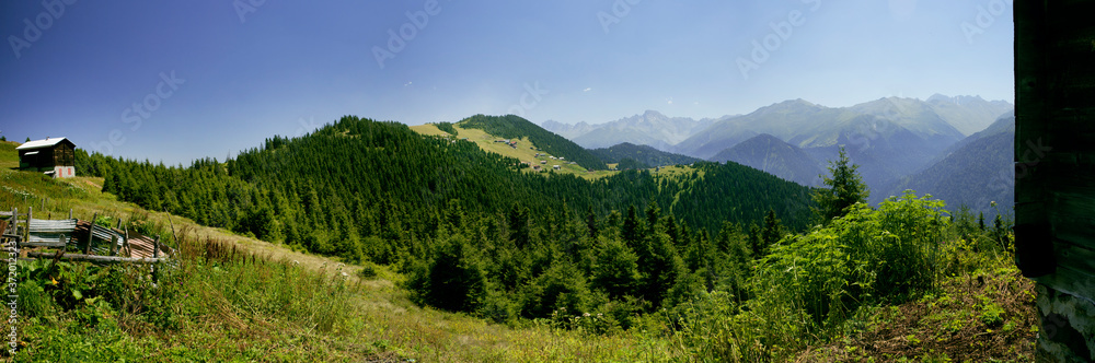 Turkey, Rize, Pokut Plateau, Historic Plateau Houses and Nature View, Panoramic View