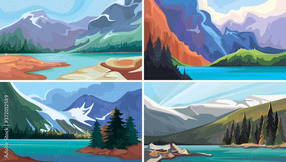 Collection of canadian landscapes. Turquoise lakes in the mountains.