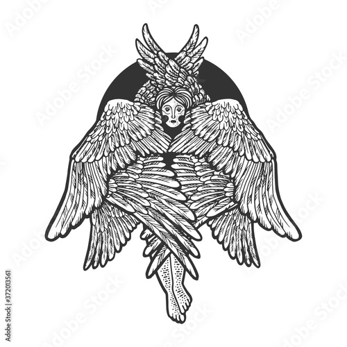 Cherub religious mythical creature sketch engraving vector illustration. T-shirt apparel print design. Scratch board imitation. Black and white hand drawn image.