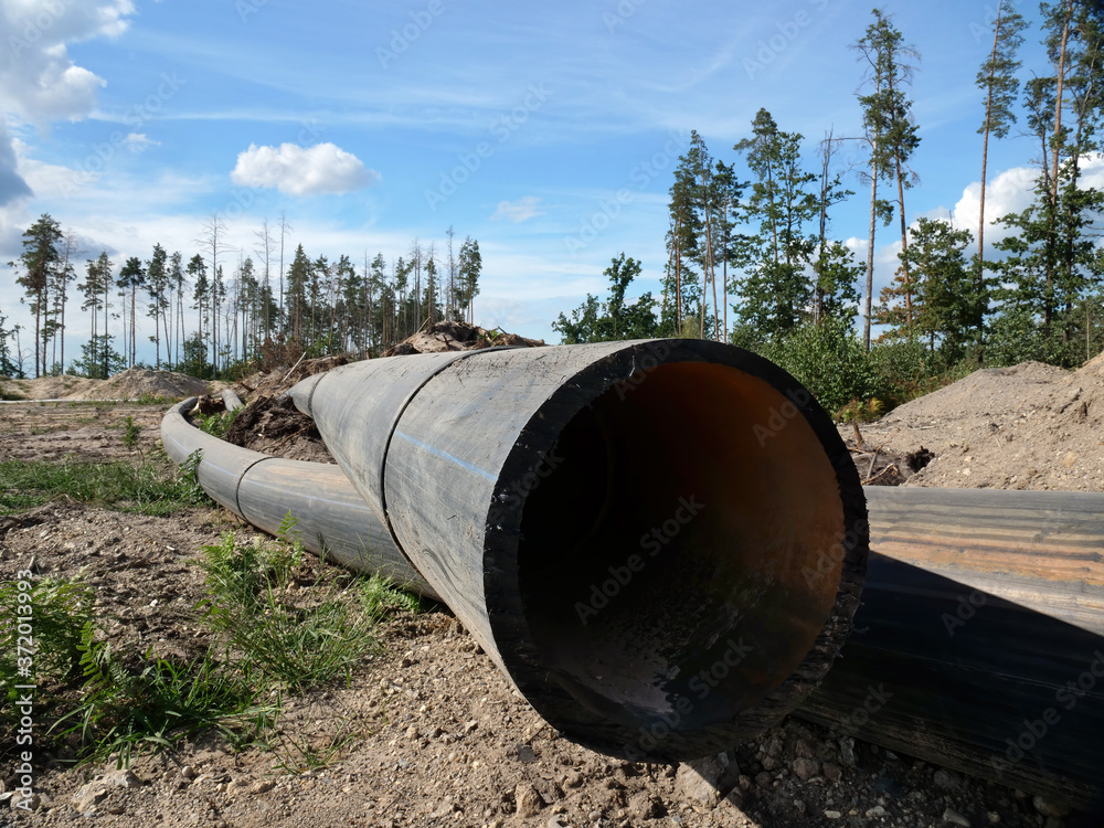Environmental problems concept. Large pipes lay instead of felled wood. Environmental problems concept. Large pipes lay instead of felled wood.
