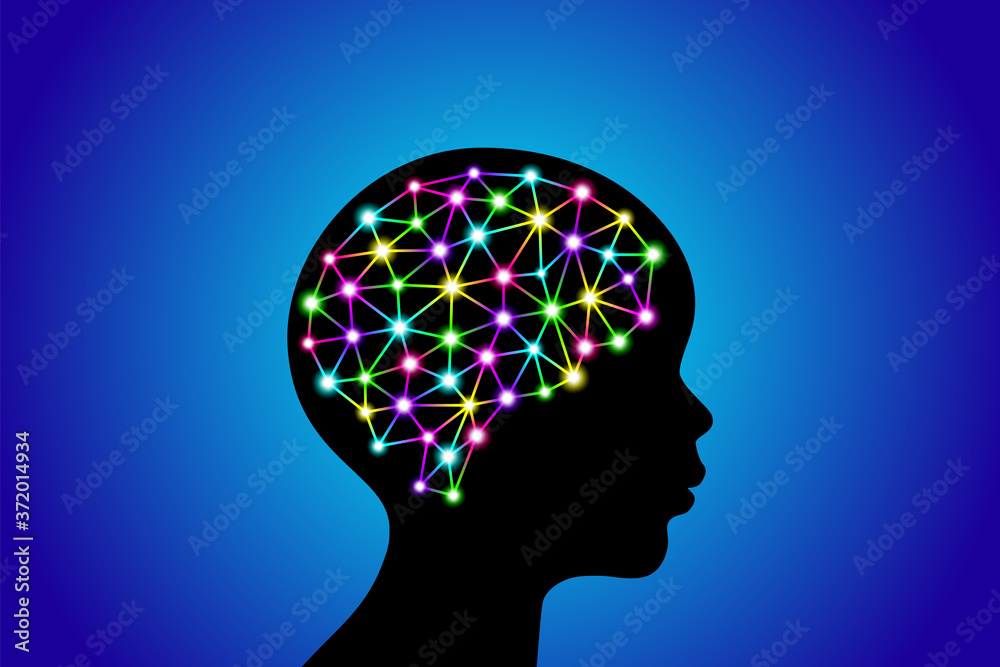 3d digital neuro multicolored colorful glowing particles lines and dots plexus structure human brain on child head black silhouette, stock vector illustration clip art on blue gradient background