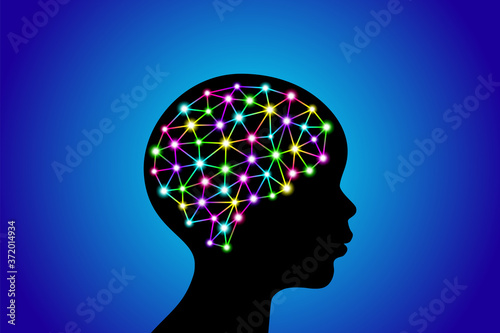 3d digital neuro multicolored colorful glowing particles lines and dots plexus structure human brain on child head black silhouette, stock vector illustration clip art on blue gradient background