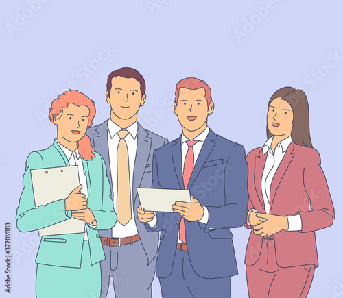 Successful business team, happy workers. Flat vector illustration.