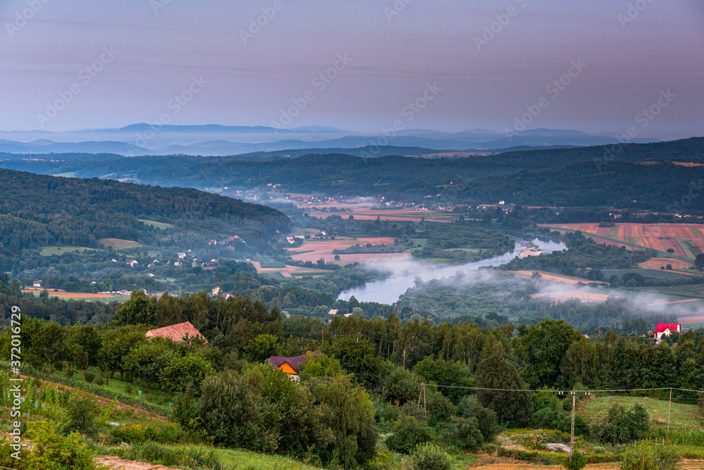 Beautiful View Over Dunajec Valley at Sunrise. Lesser Poland Landscape Panorama