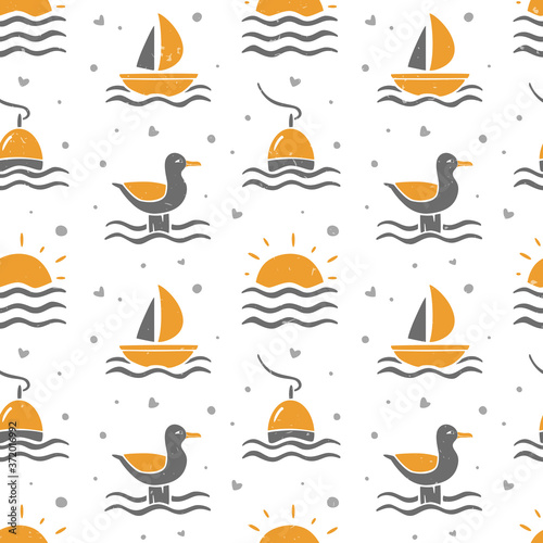 Sea seamless pattern. Cute boat  sea sunset seagull and bobber on the waves on a white background. Vector shabby hand drawn illustration