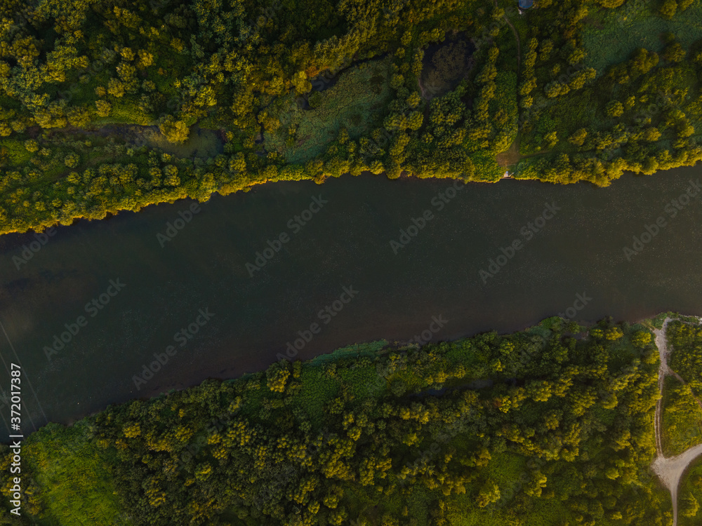 Top Down Drone View Over Dunajec River and Green Forest in Poland