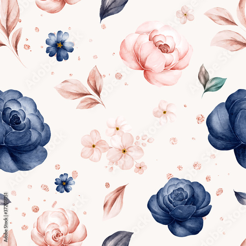 Floral seamless pattern of navy and peach watercolor roses and wild flowers arrangements on white background for fashion, print, textile, fabric, and card background