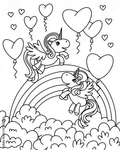 Black and white vector illustration for children's coloring book. Unicorns in the clouds