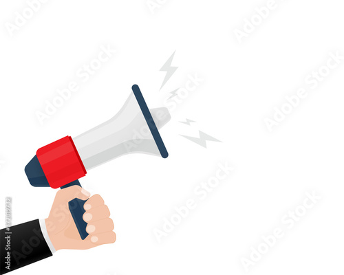 Flat icon with red megaphone with hand for concept design. Vector illustration template. Flat design. Business concept.