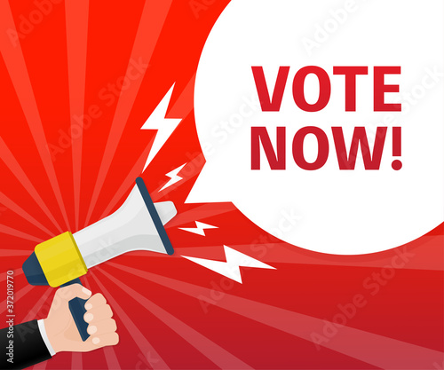 Hand holding megaphone. Vote icon for concept design. Voting concept. Vector illustration.