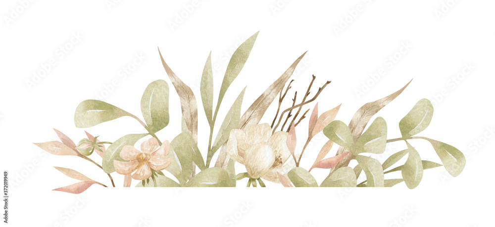 Watercolor composition with green gently autumn flowers, branches, berries and leaves, isolated on white background. Aesthetic bouquet in boho style, autumn mood