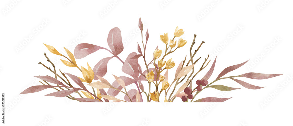 Watercolor composition with red gently autumn flowers, branches, berries and leaves, isolated on white background. Aesthetic bouquet in boho style, autumn mood