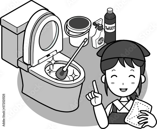 ブラシでトイレをピカピカに清掃する業者の若い女性