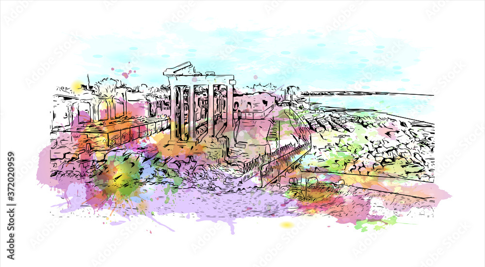 Fototapeta premium Building view with landmark of Antalya is a Turkish resort city with a yacht-filled Old Harbor and beaches flanked by large hotels. Watercolor splash with hand drawn sketch illustration in vector.