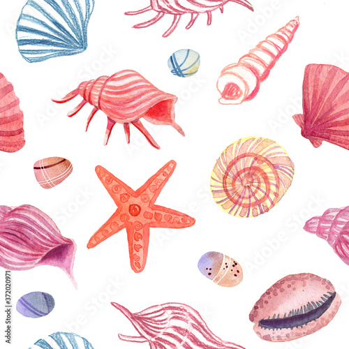 watercolor shells pattern, ocean seamless elements: seashells, starfish, stones, mollusk