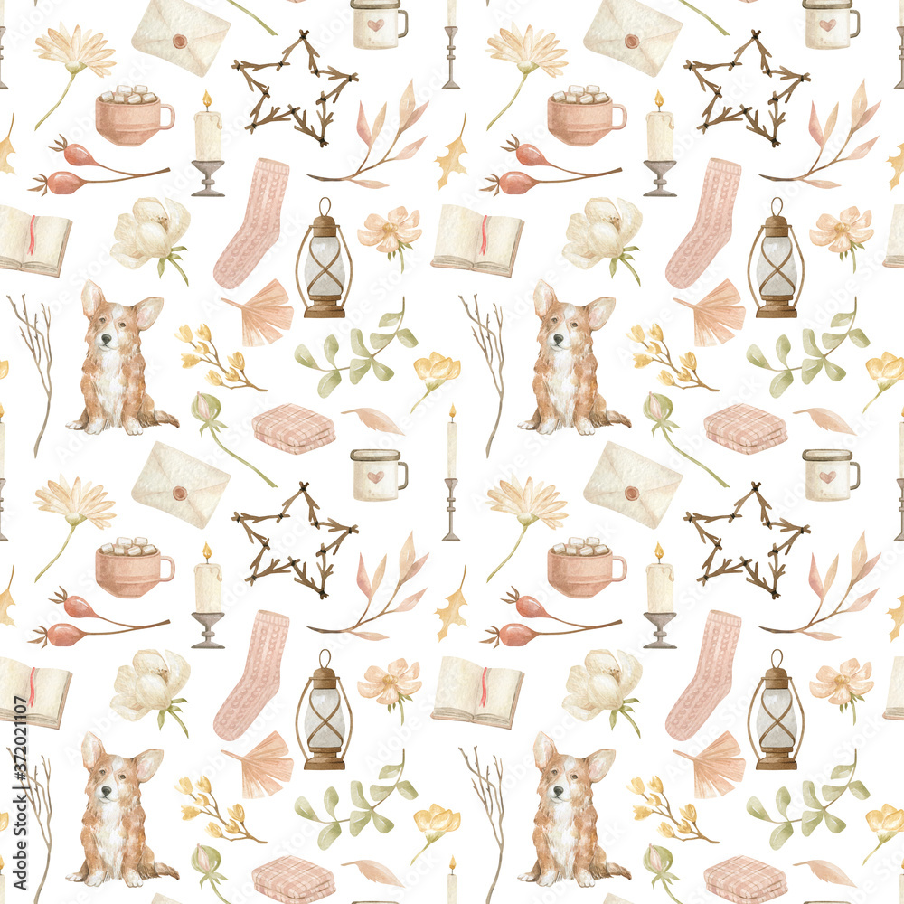 Watercolor seamless pattern with cozy home decor things. Welsh corgi dog,  book, coffee cup, socks, leaves, flowers, candles, letter. Autumn aesthetic  essentials. Fall clip art elements. Stock Illustration