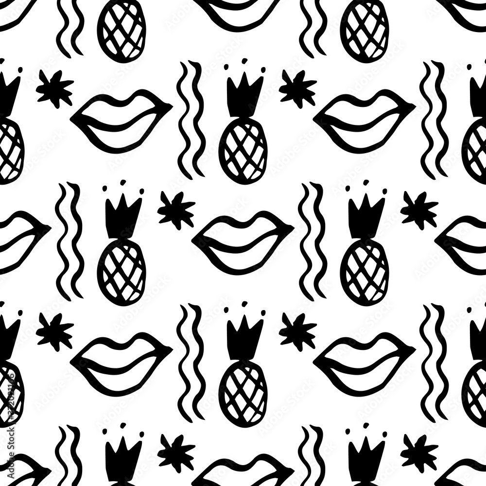 Fototapeta premium Trendy seamless sketch memphis 90s 80s style with hand drawn lips, pineapple, crown for print design. Vector abstract graphic design.